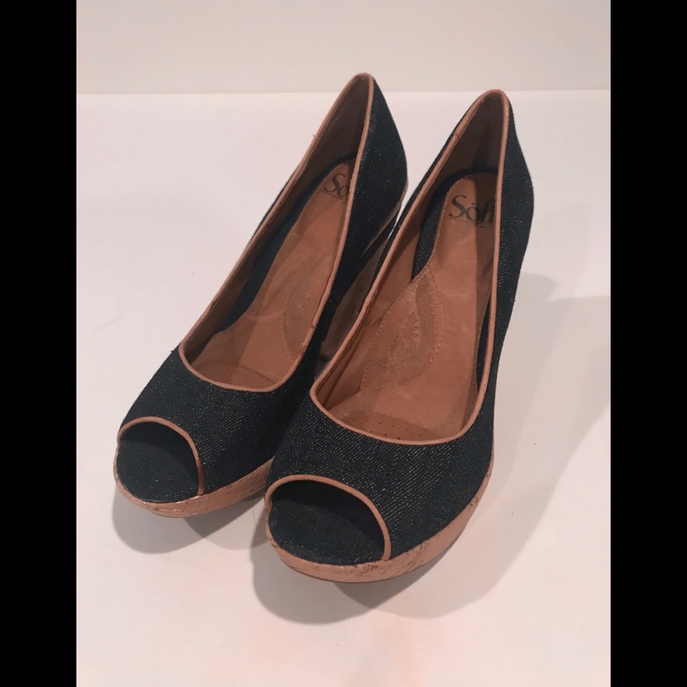 Sofft Denim & Cork Peep-toe Heels Size 9